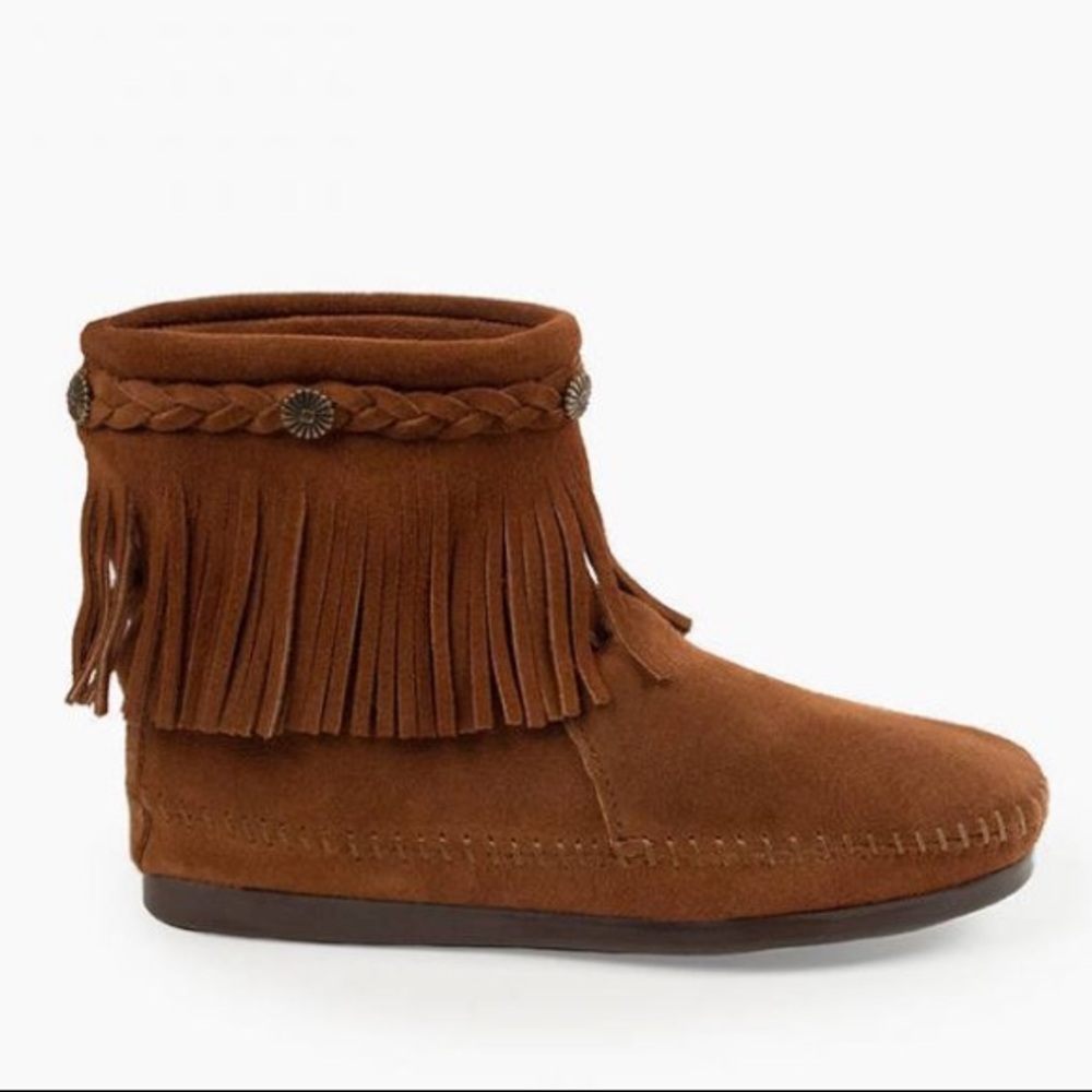 Classic Vintage 70s Minnetonka Suede Fringe Bootie Mocasin Back Zip boot 6